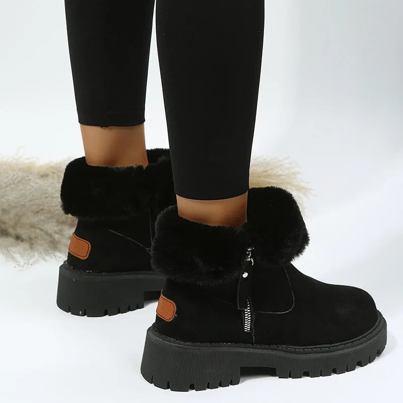 Black high-top women's snow boots with side zipper and faux fur cuff