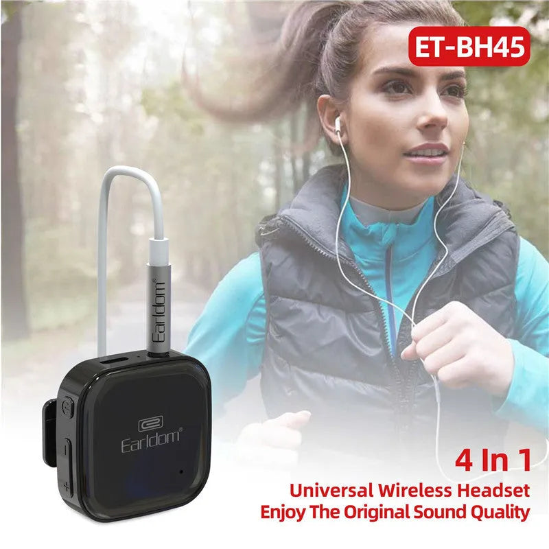 Black Bluetooth lavalier audio receiver for converting wired running headphones to wireless with 10-metre range
