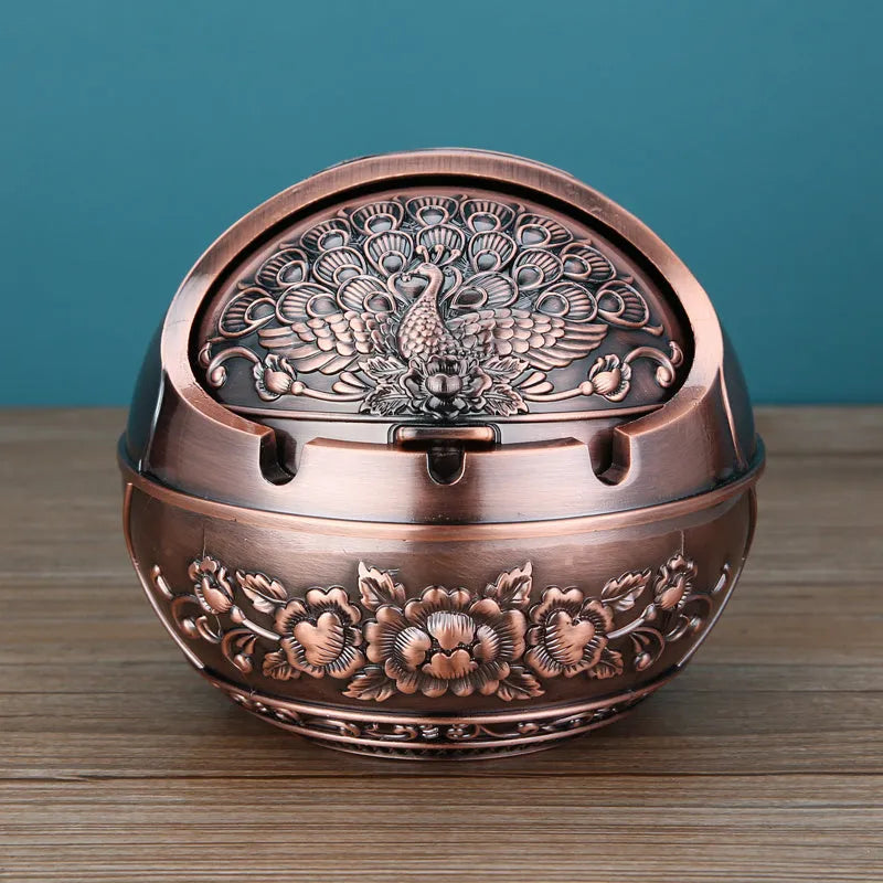 Alloy ashtray with smoke extinguishing slot in bronze finish featuring decorative dragon and phoenix design
