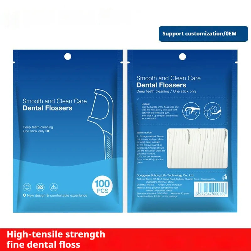 Dental floss with independent packaging in plastic material showing 100 single pack option
