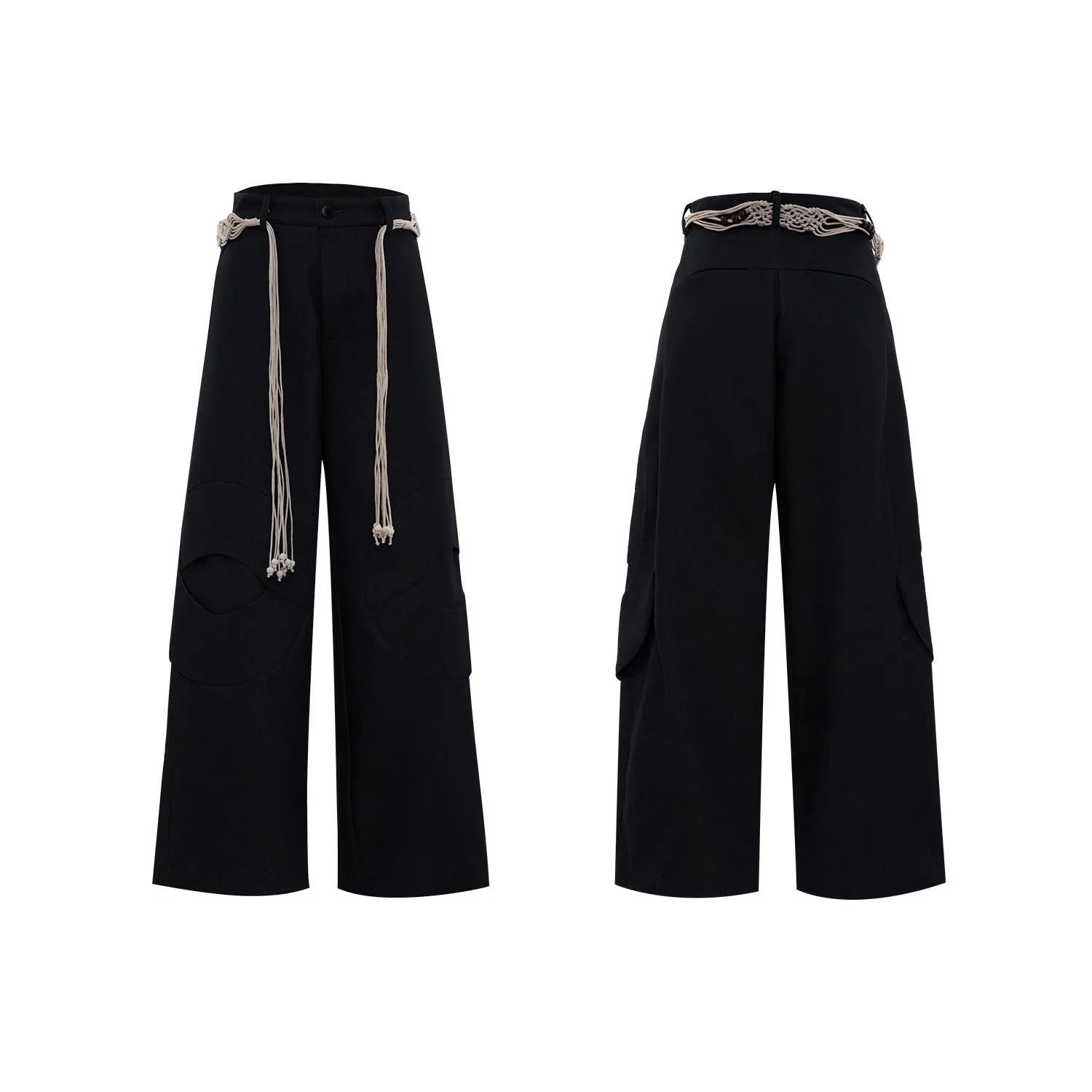 Men's dark blue straight-leg trousers showing heavy 3D cutting, belt stitching, and a front placket zipper.