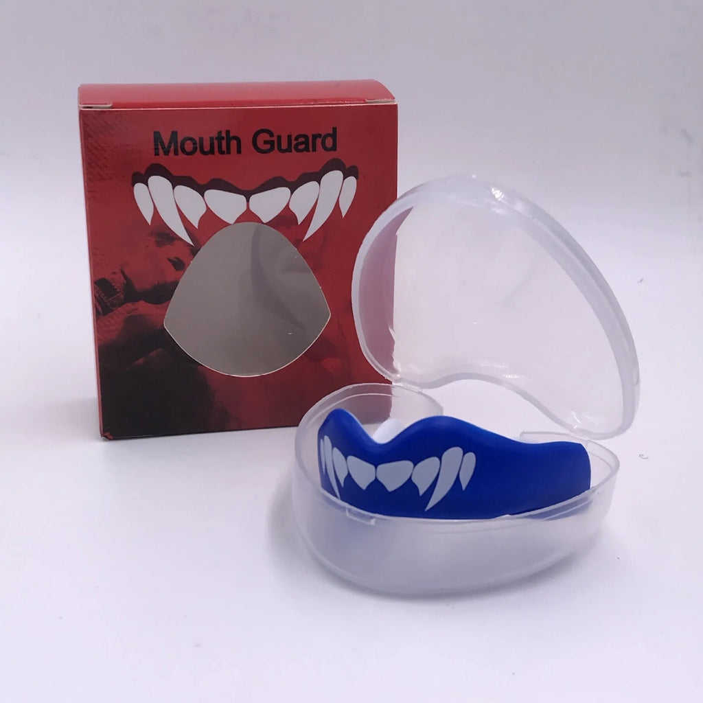 Adult boxing mouthguard with tooth socket design in black and white, red and white, and blue and white colour options.