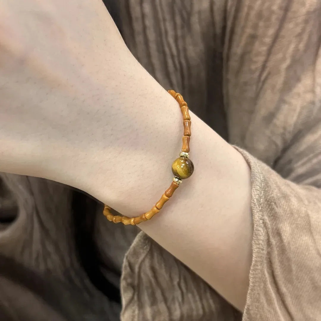 Natural yellow Tiger's Eye bracelet with Chinese auspicious patterns in U-shaped design