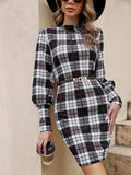 Black lantern sleeve tight dress with leather stitching details in Japanese Korean casual style