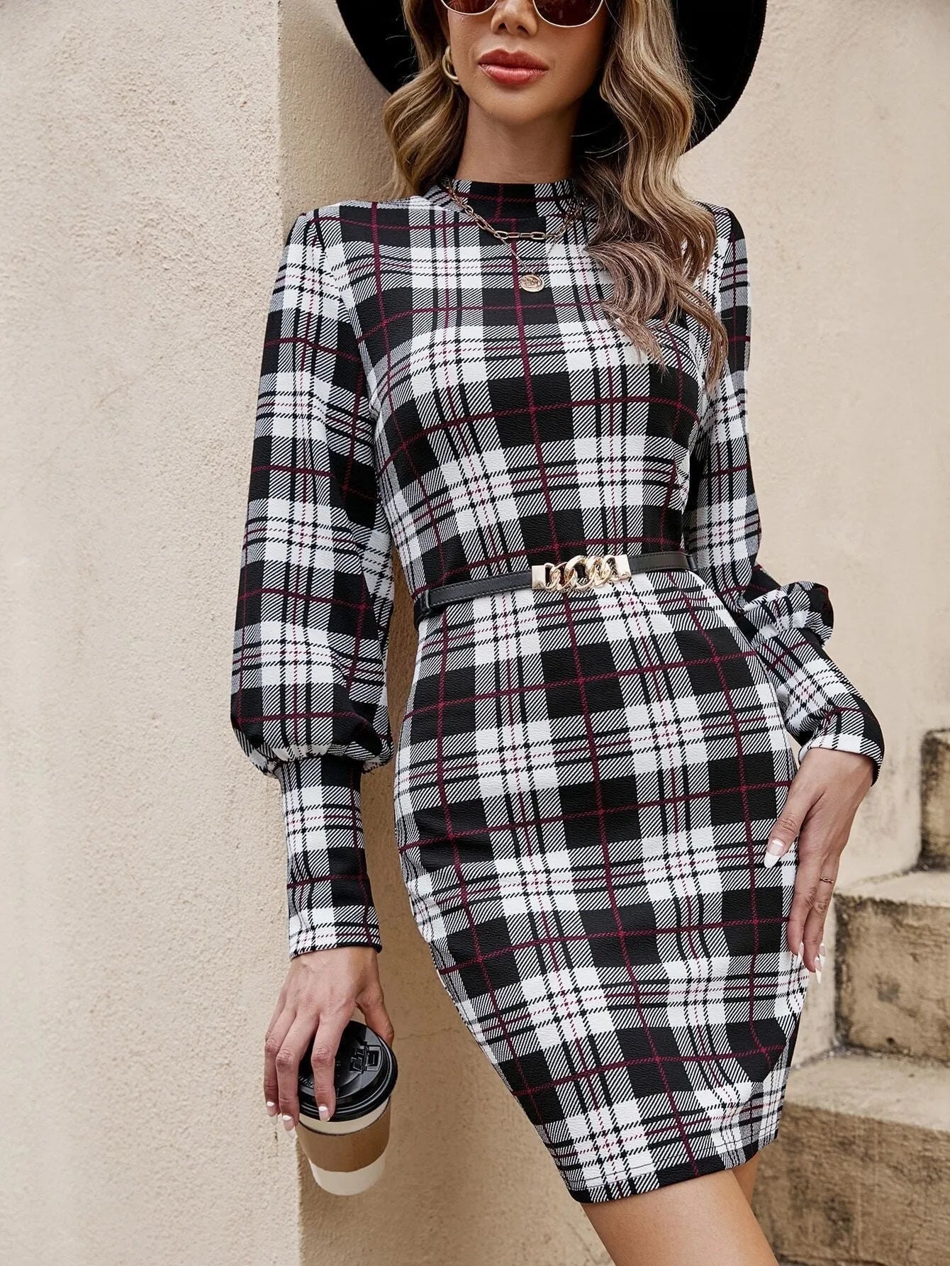 Black lantern sleeve tight dress with leather stitching details in Japanese Korean casual style