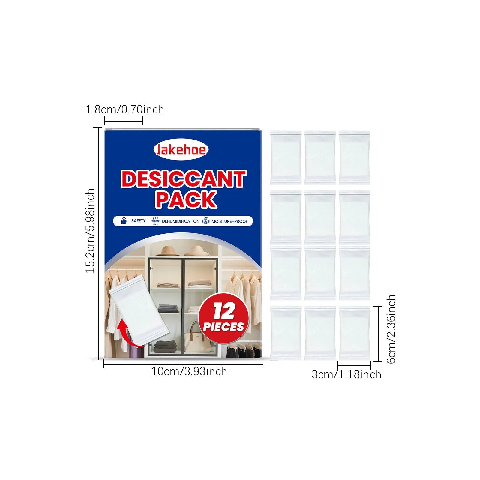 Set of 12 white anti odour desiccant packs for absorbing moisture in wardrobes and cupboards.