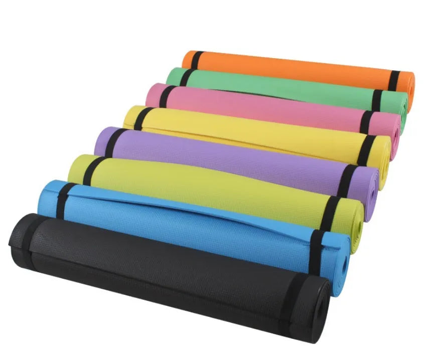 EVA fitness yoga mat in red showing textured anti-skid surface with storage bag