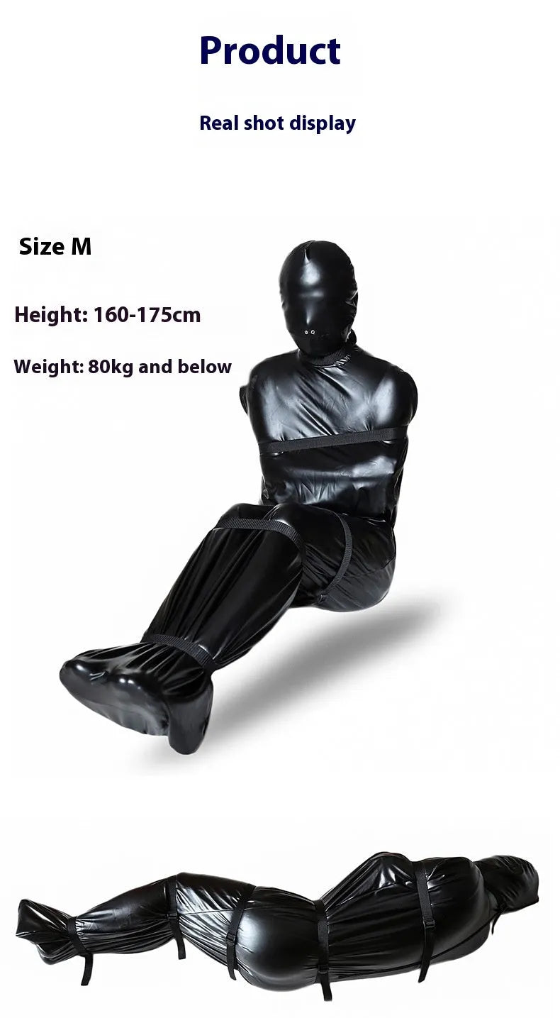 Black patent leather bondage set with full-coverage body wrap and six ratchet tie-downs