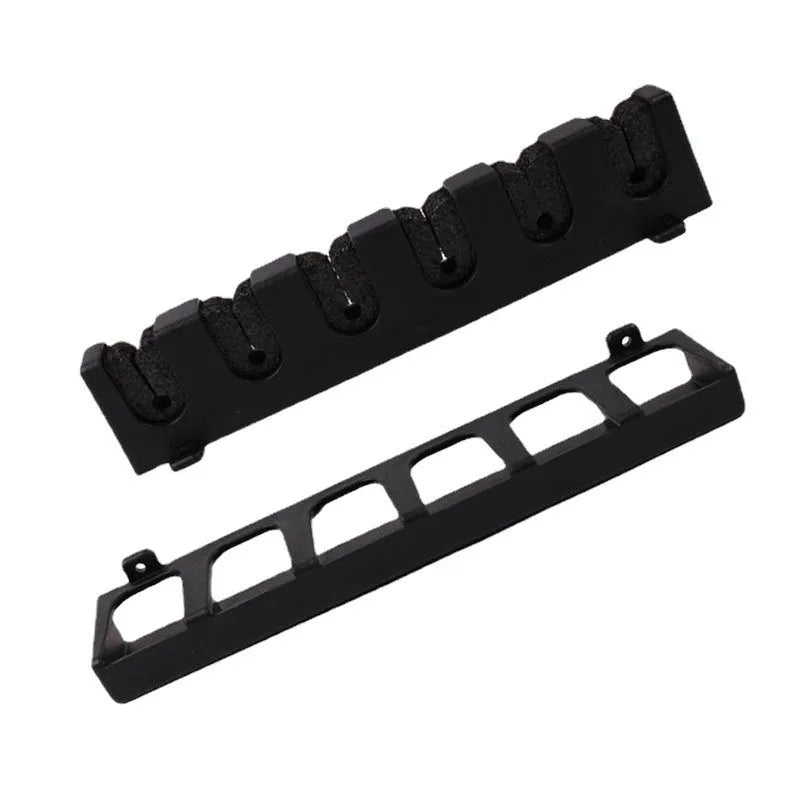 Black wall-mounted fishing rod storage rack in ABS plastic with vertical and horizontal mounting options
