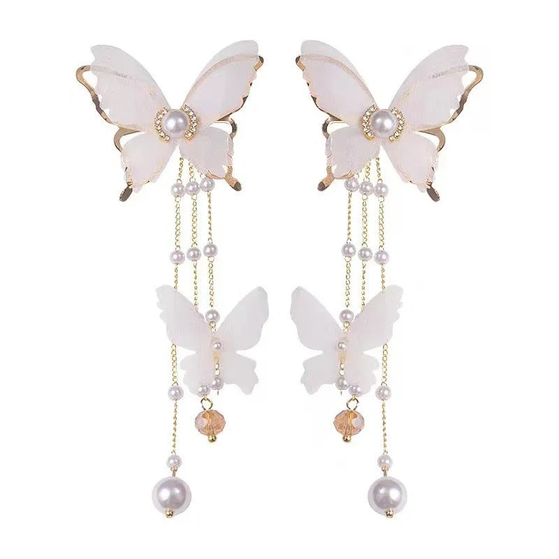 White butterfly tassel lace pearl rhinestone earrings with electroplated copper alloy construction