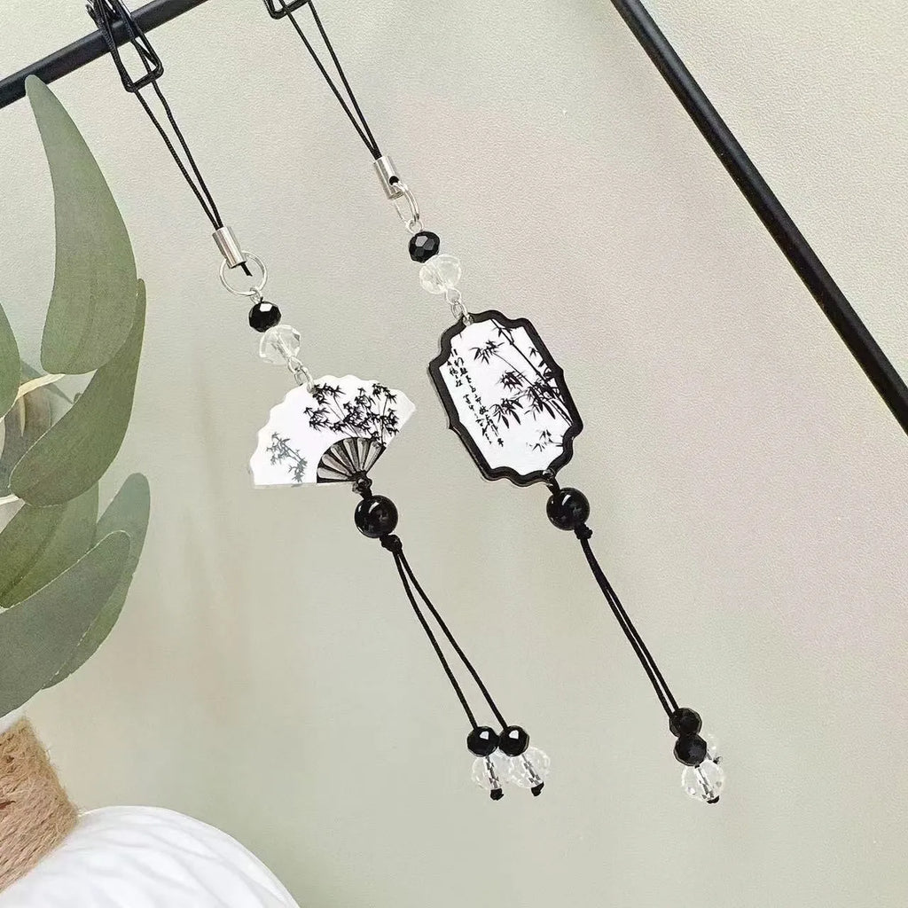Guofeng Chinese style bead keychain with flower patterns and baking varnish finish for schoolbags