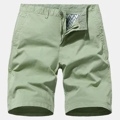 Men's loose fit blue denim casual shorts with no belt, shown in a straight cut short length