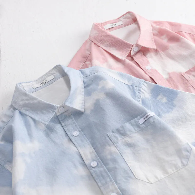 Men's light pink pure cotton short sleeve loose fit cardigan-style shirt