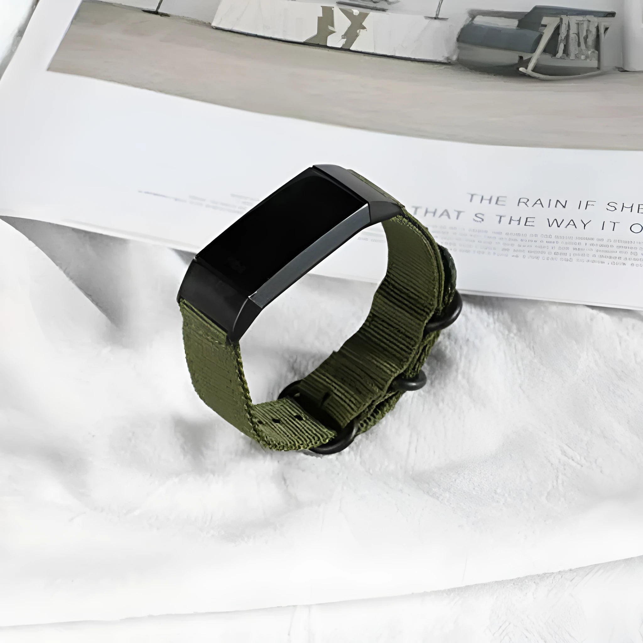 Nylon three-ring buckle replacement strap for Fitbit Charge fitness tracker in Army Green