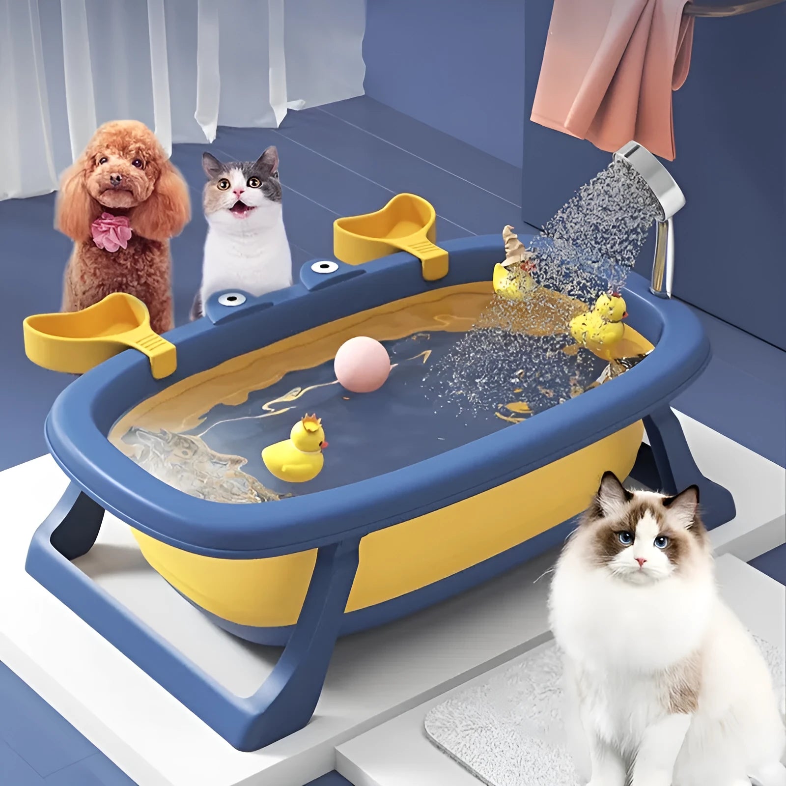 Blue foldable portable pet tub for small dogs and cats under 20 pounds.