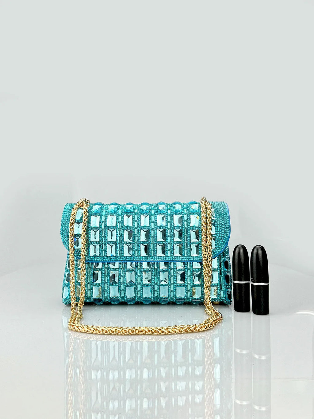Shiny glass rhinestone chain clutch in horizontal square PU shape with black colour and open pocket