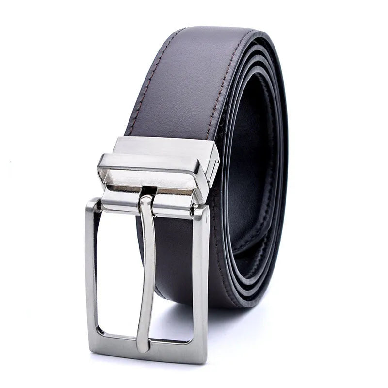 Men's dark brown genuine leather belt with a silver rotating pin buckle laid flat.