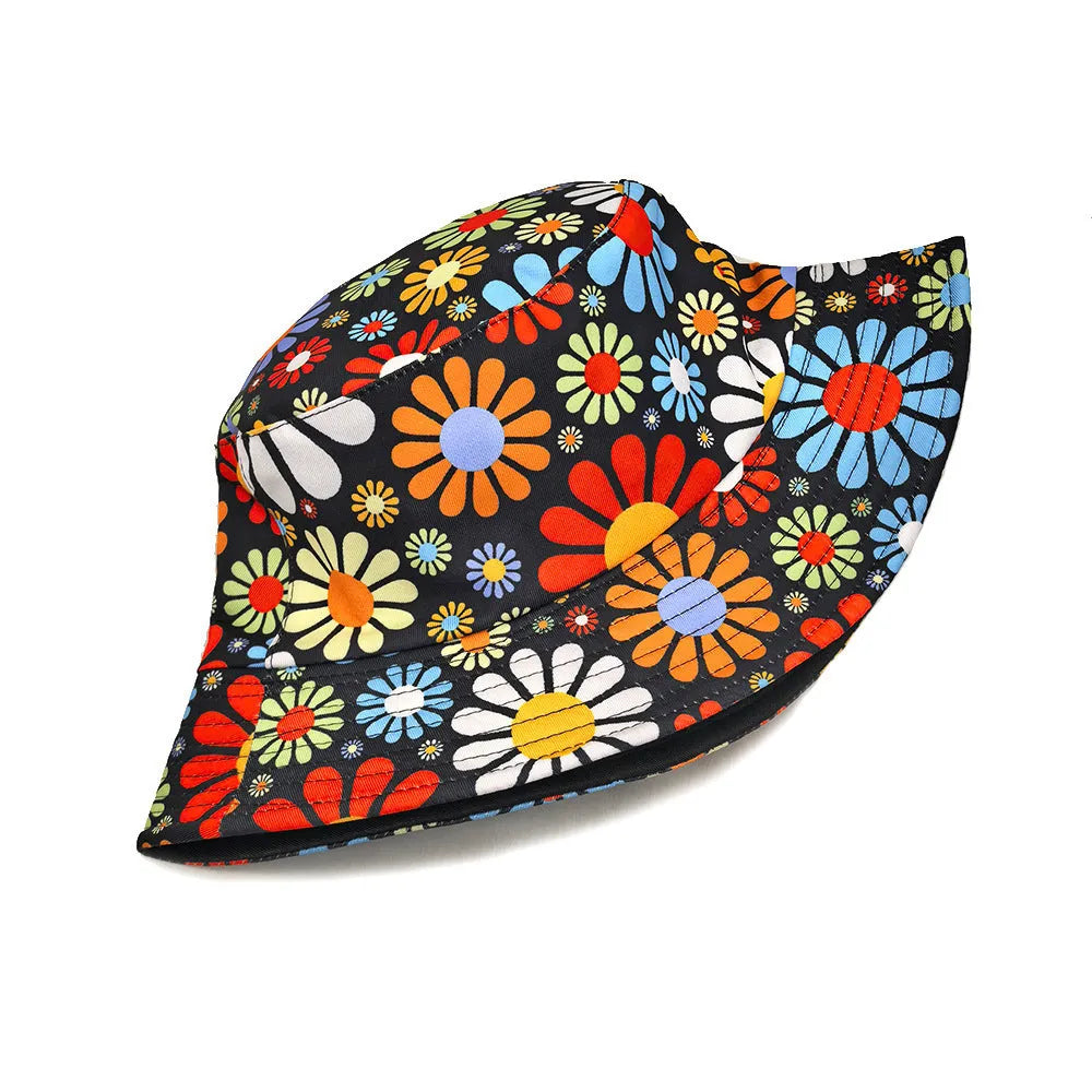 Colourful flower pattern polyester bucket hat with dome crown in size M