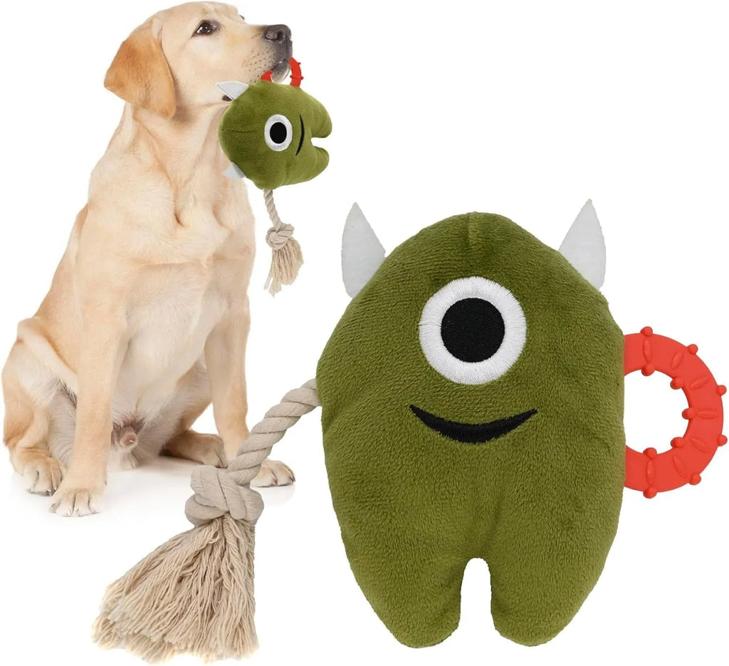 Large blue and green plush dog toy with cotton rope ends and a squeaker inside.