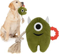 Large blue and green plush dog toy with cotton rope ends and a squeaker inside.