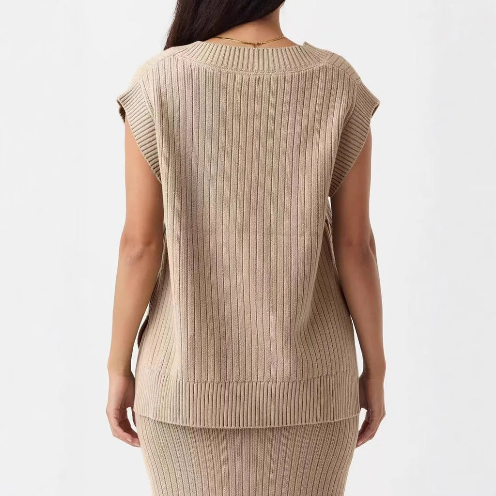Camel and white v-neck sleeveless loose vest with striped or plaid pattern