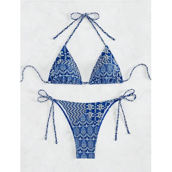 Women's split bikini swimsuit with stitching bandage design in polyester fabric