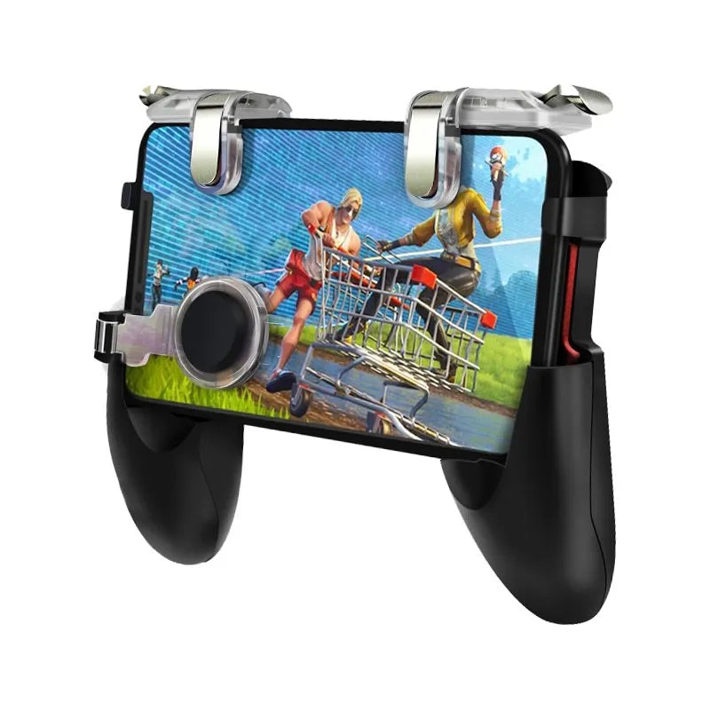 Black mobile phone game controller with dual analogue sticks and trigger buttons for plug-in gaming control