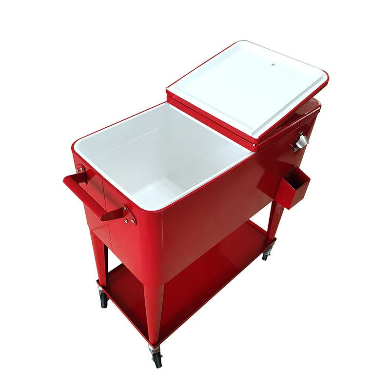 Red outdoor metal insulated trolley cooler with wheels and a 750ml capacity.
