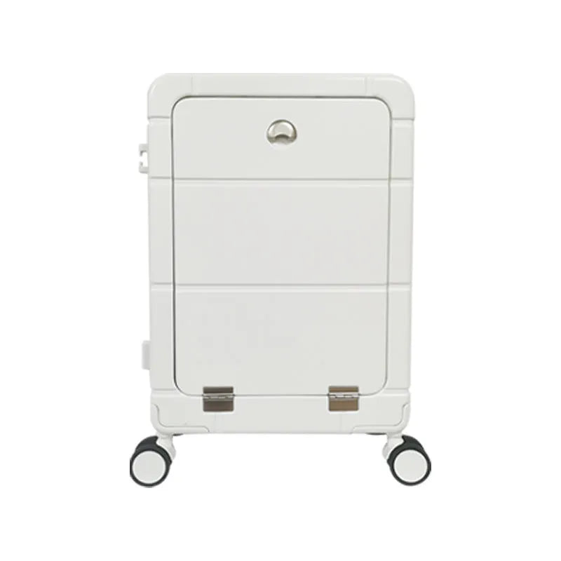 Front opening 20-inch hard shell suitcase in black showing the dry wet separation compartment.