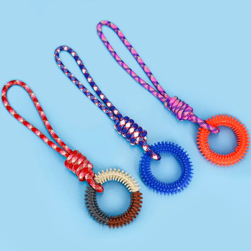 Braided rope dog toy with knot design in blue colour, 43 cm long chew toy for puppies