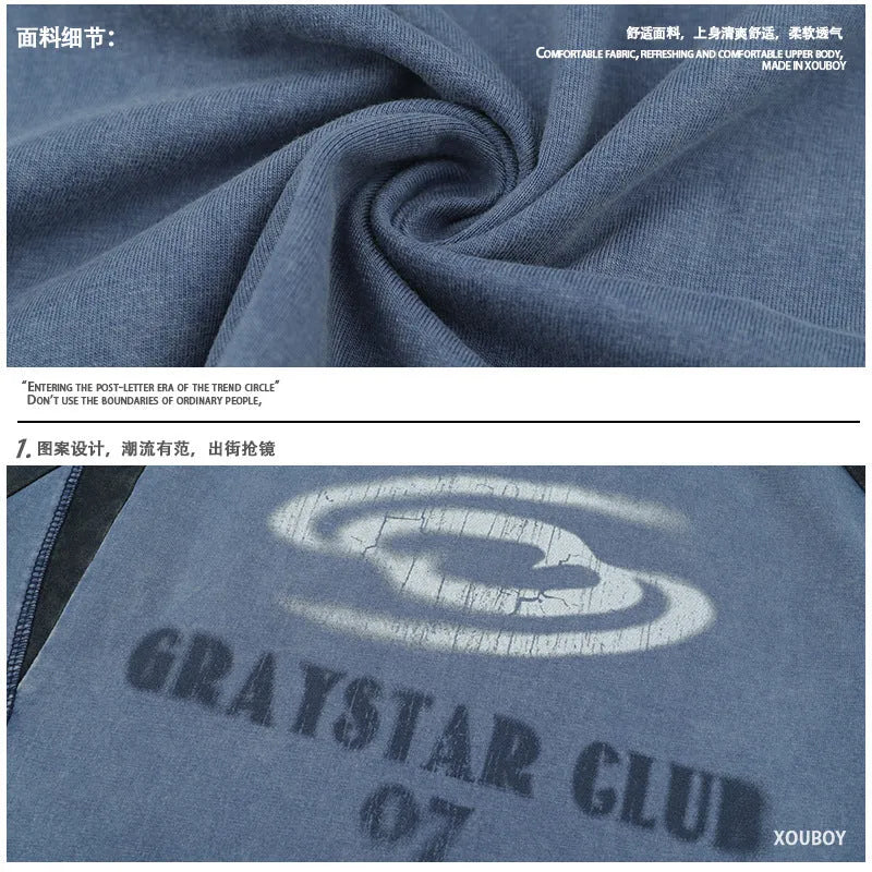 Blue men's t-shirt with white hip hop letter print and raglan sleeves