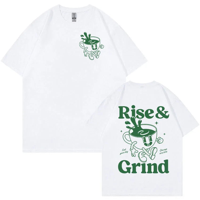 Linen loose-fit t-shirt with Rise And Grind green coffee bag cartoon graphic, shown in multiple colours.