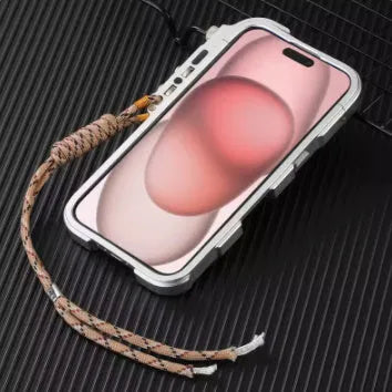 Robot Arm 13 metal frame phone case for iPhone 15 Pro Max in silver with tempered film and installation kit