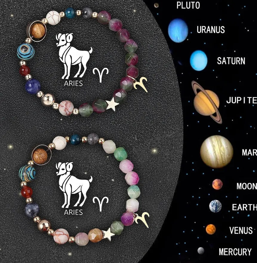Twelve Zodiac Sign natural stone beaded bracelets showing adjustable designs for astrology jewellery
