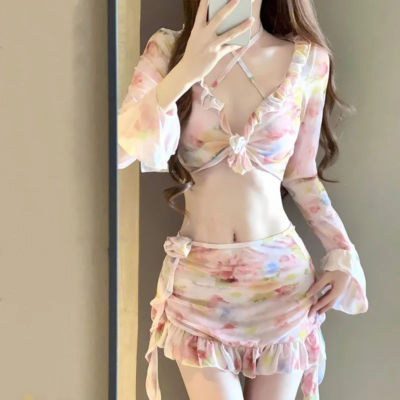Women's floral cherry blossom pink bikini set for beach and hot spring wear