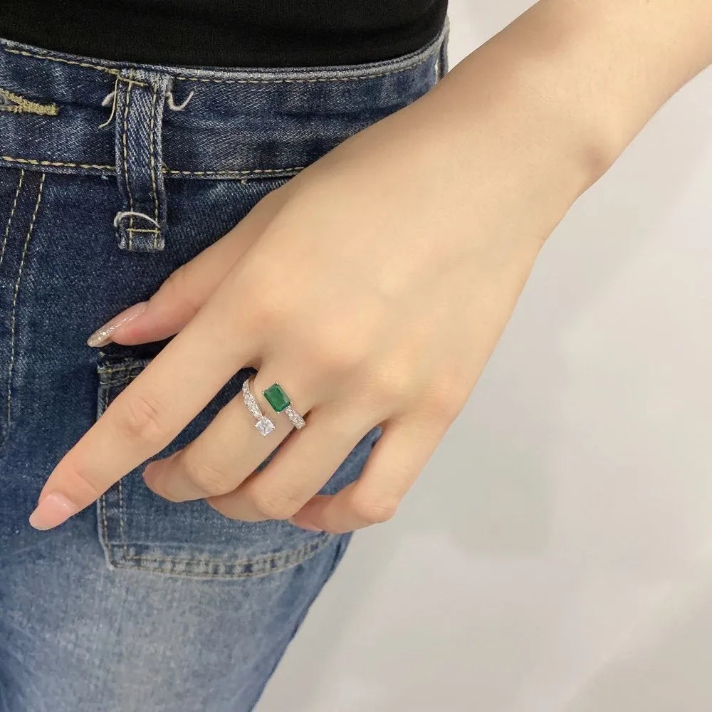 Korean-style geometric asymmetry ring for women, copper with zirconia finish in green colour