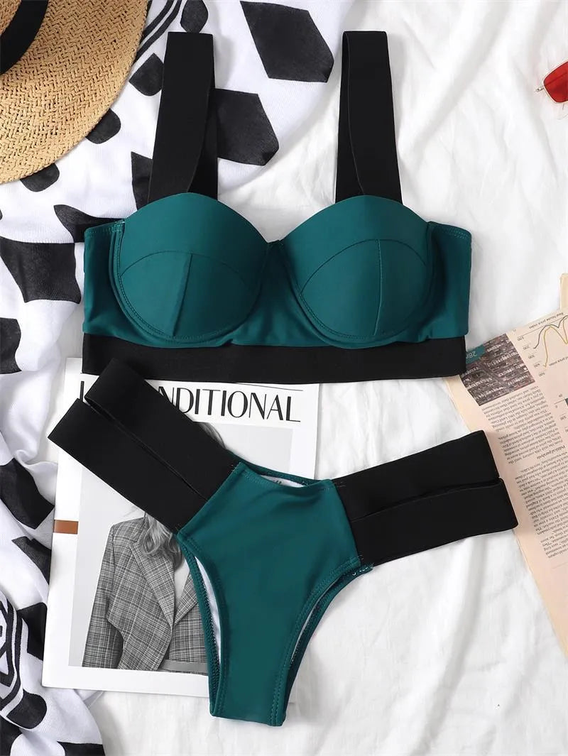Women's contrast colour bikini with steel bracket push-up board in multiple colour options