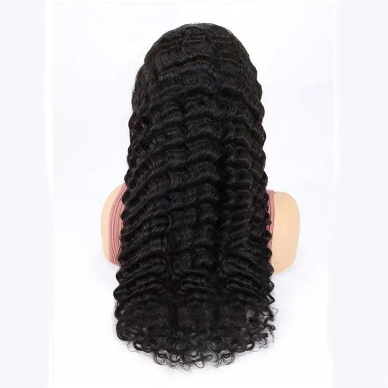 Solid colour human hair wig with half lace cap construction shown at medium length