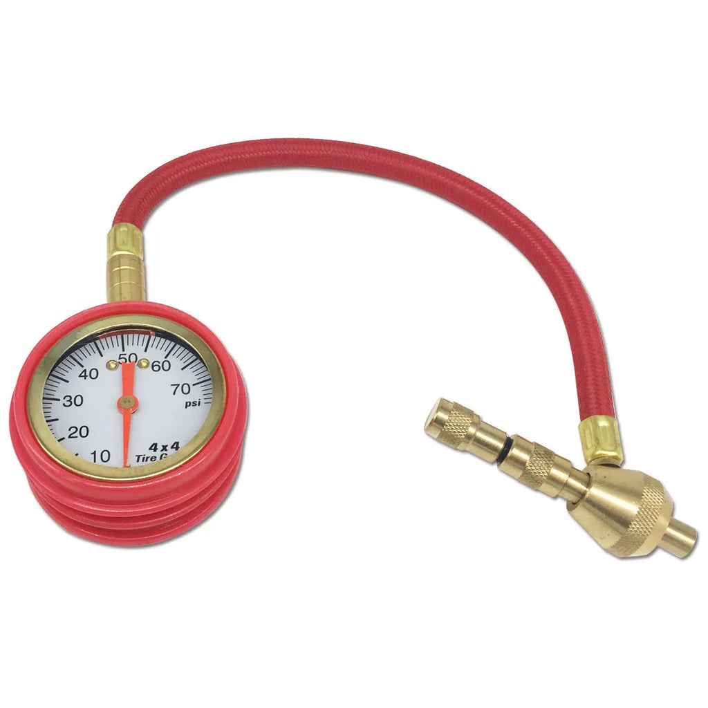Red and black mechanical tyre pressure gauge for cars with rapid deflation feature and rubber shell