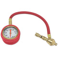 Red and black mechanical tyre pressure gauge for cars with rapid deflation feature and rubber shell