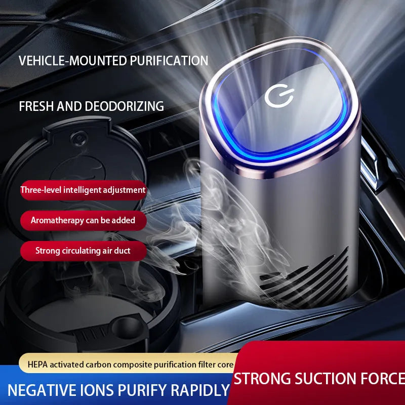 Mini portable car air purifier with anion technology, USB power, in silver, placed on a car dashboard for odour and smoke removal