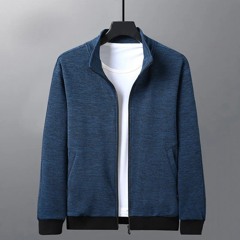 Men's black casual zip-up jacket with a stand-up collar on a hanger