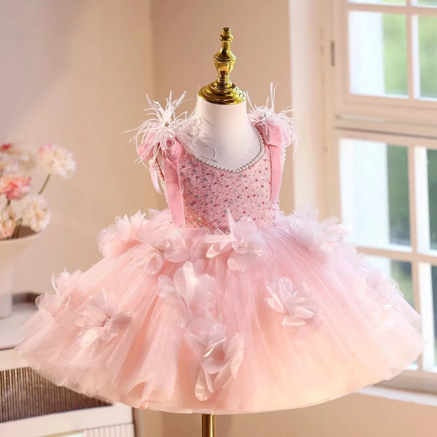 Pink polyester girls' princess dress for piano recital, suitable for height 80-150cm