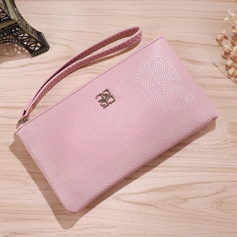 Long 55cm phone wallet handbag in PU leather with zipper closure and sewing line detail