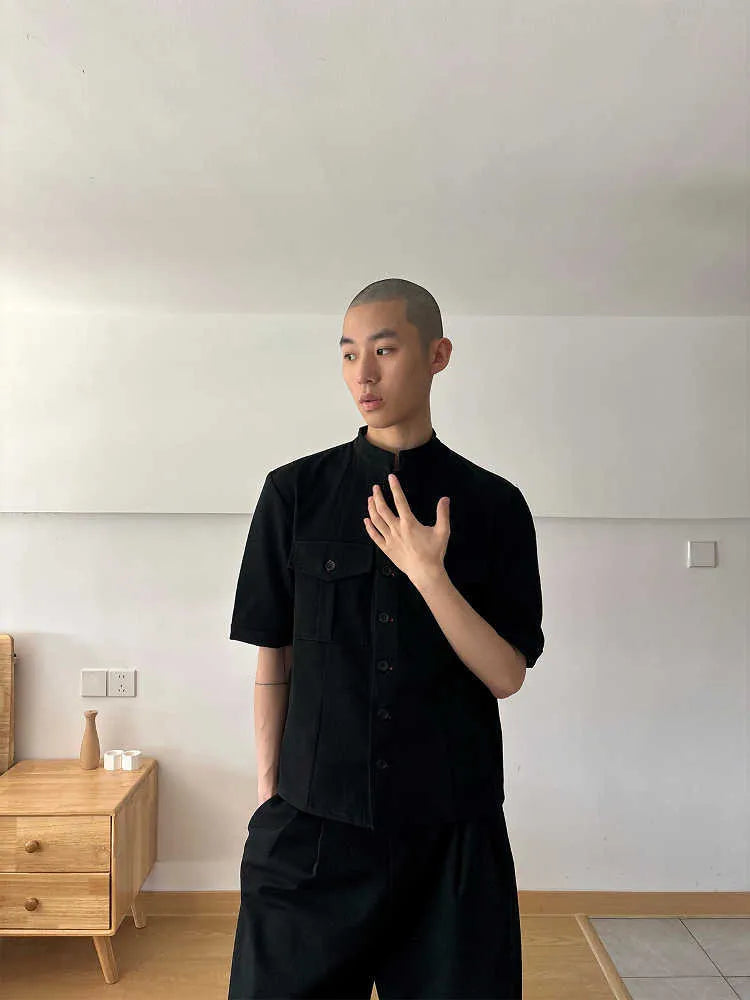 Black handmade hunting shirt with half sleeves and shirt collar, loose fit design for outdoor activities