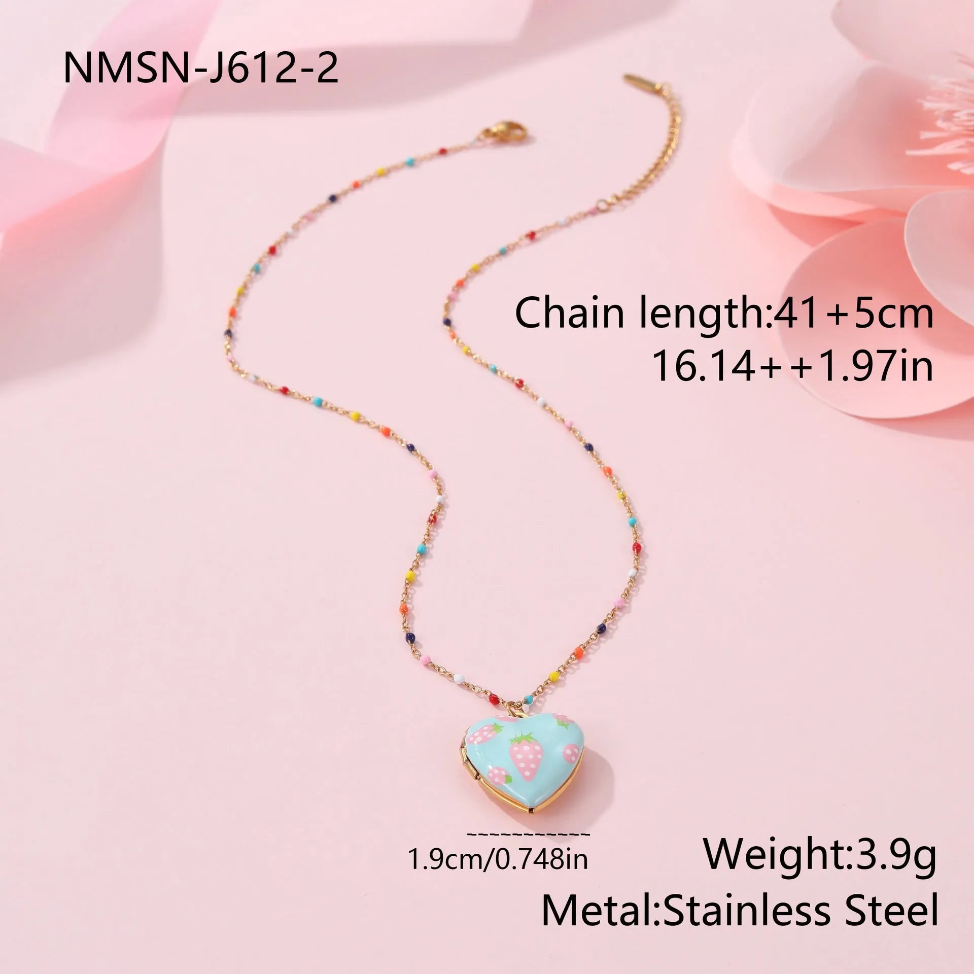 Stainless steel fruit pendant necklace with gold plating showing heart and fruit charm designs on adjustable chain