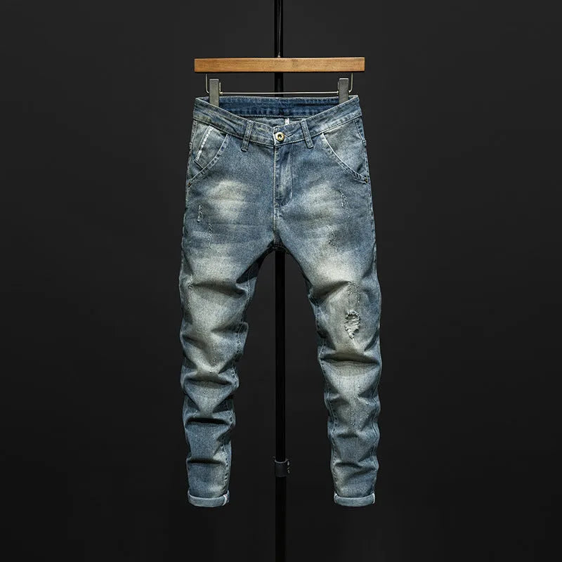 Men's slim-fit skinny jeans in dark blue and light blue cotton denim with micro-elastic fabric