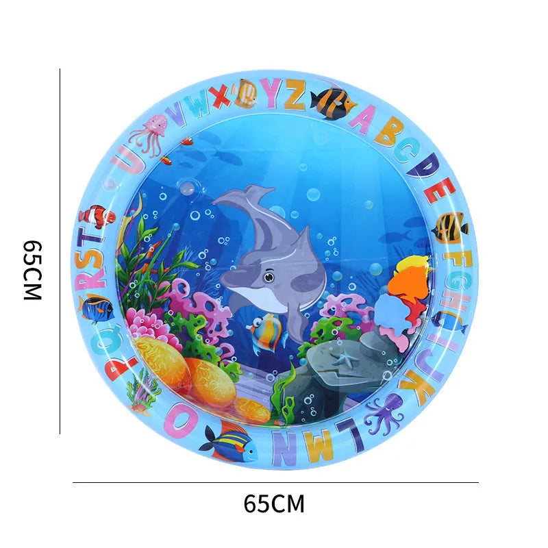 Square PVC water sensory playmat for pets showing inflated outer ring and central water area with floating fish toys.