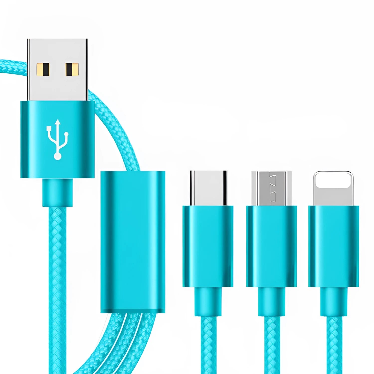 Black three-in-one Micro USB charging cable with three connectors, measuring 1.2 metres long.