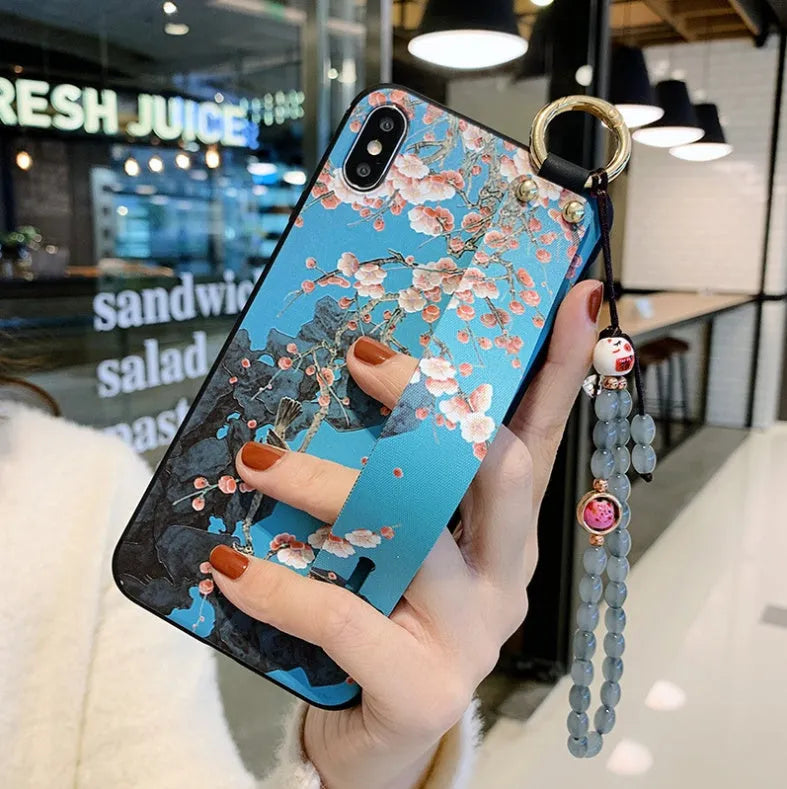 Rose flower pattern silicone wrist strap for iPhone phone cases